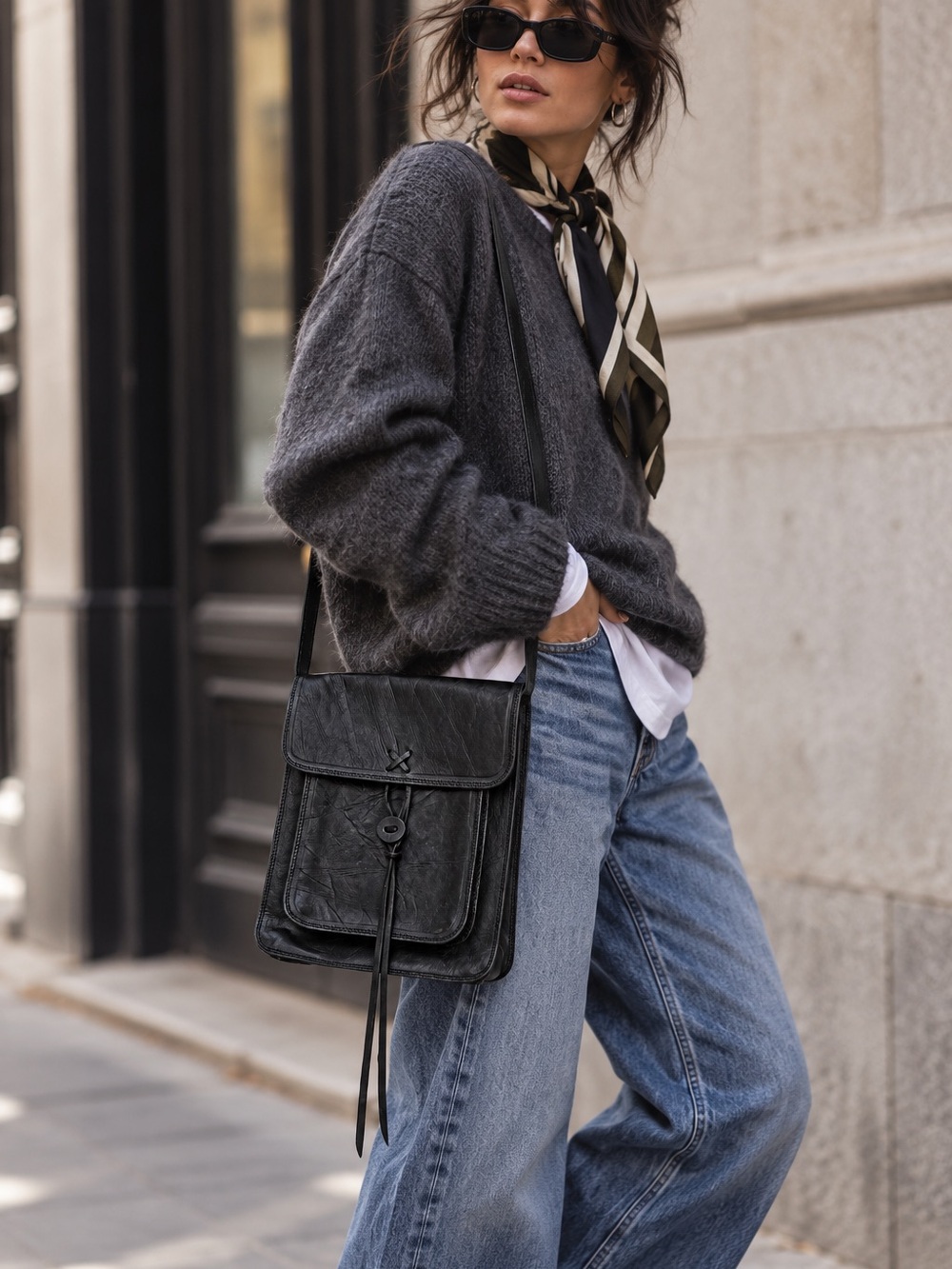 💙MAKE OFFER💙 Black Leather Crossbody Bag with Front Pocket Satchel Purse Tote